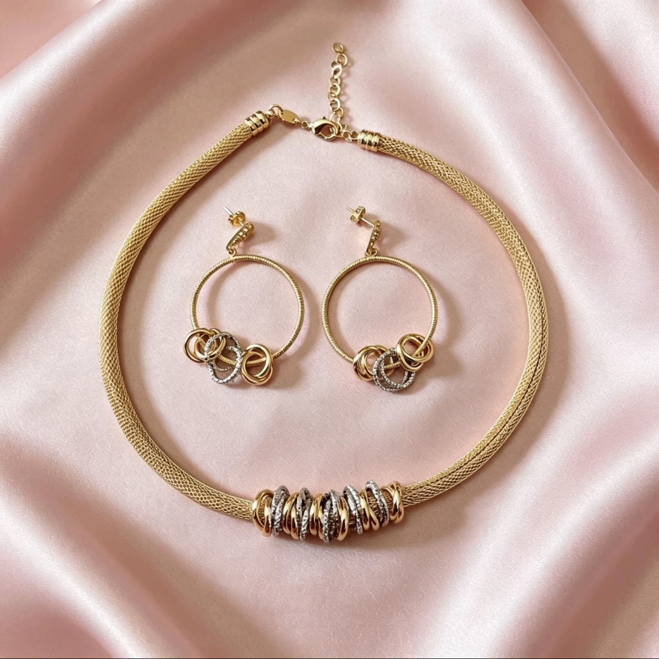 Brazilian Gold Interlock Mesh & Crystal Ring Set