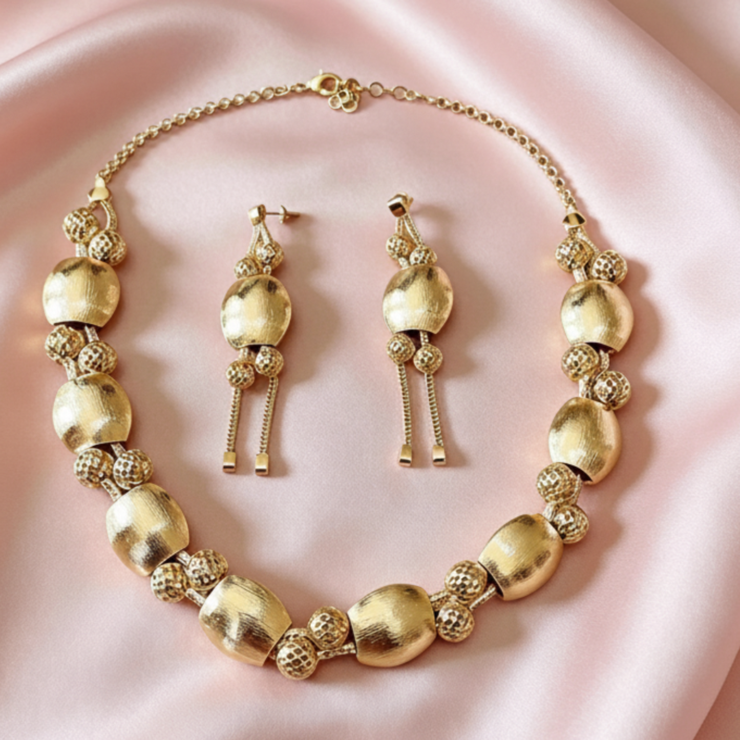 Satin Finish Brushed Bead Brazilian Gold-Plated Jewellery Set