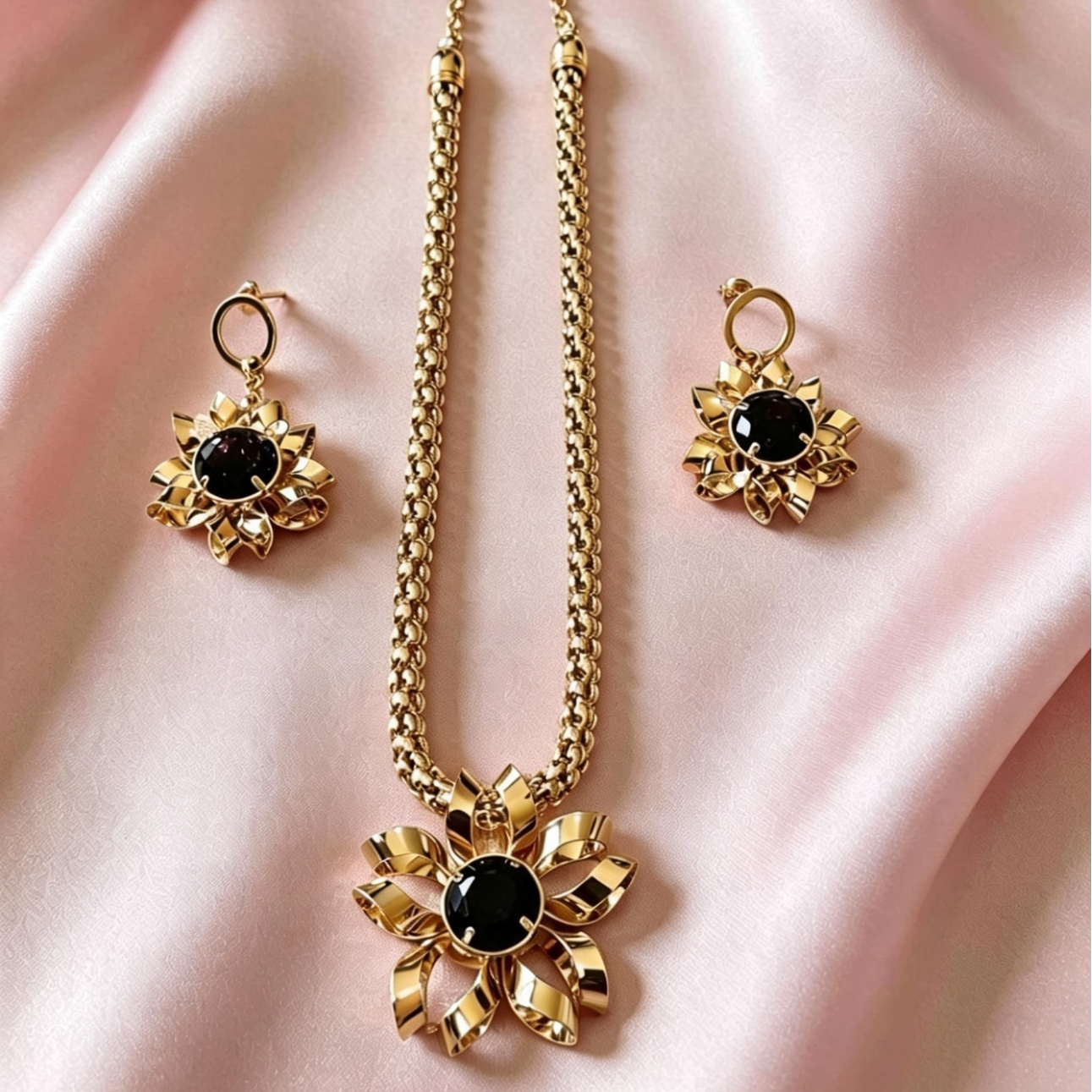 Brazilian Gold Floral Onyx Statement Jewellery Set