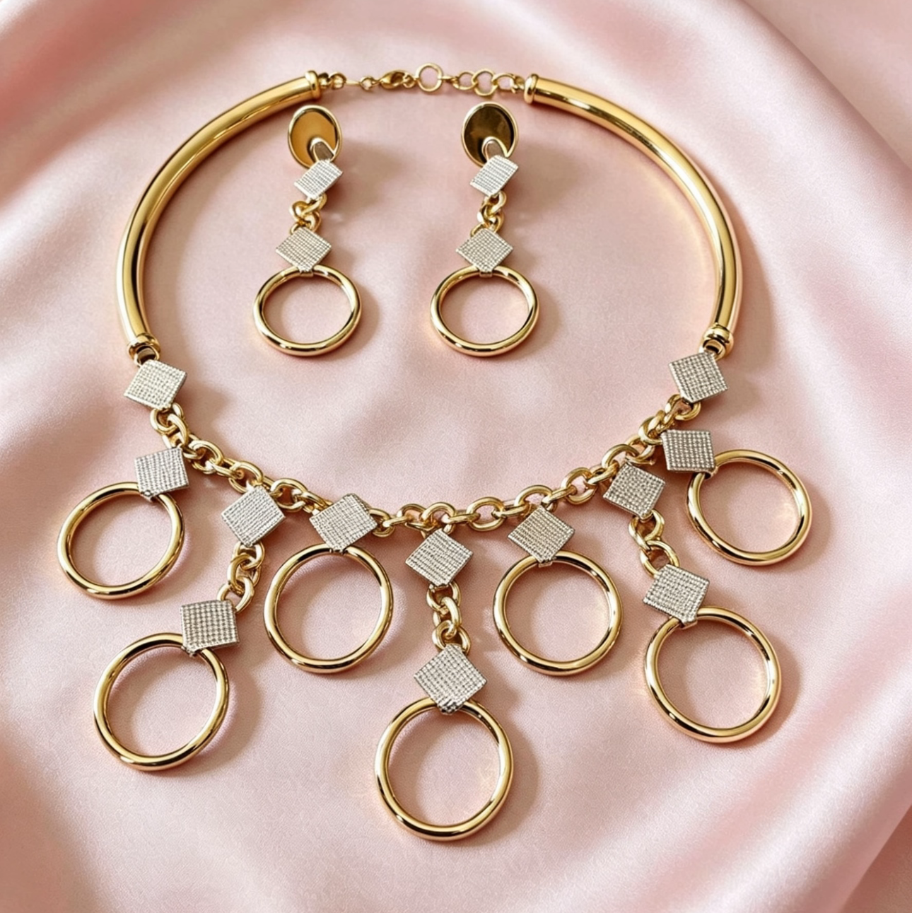 Brazilian Gold Geo Circle & Pave Square Statement Set
