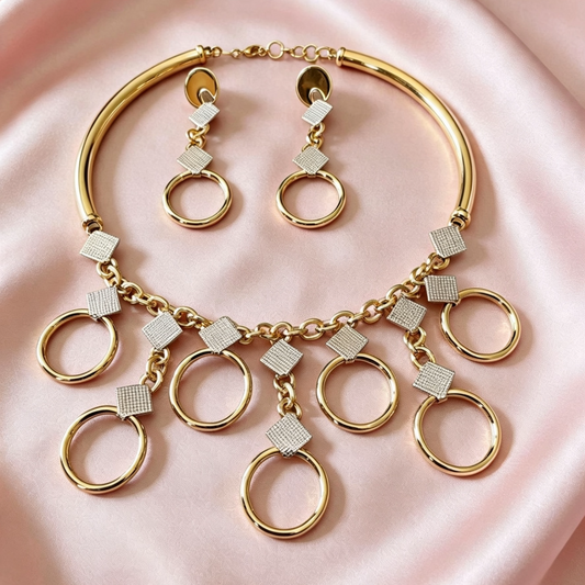 Brazilian Gold Geo Circle & Pave Square Statement Set